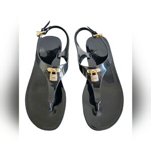 Michael Kors Mira Jelly Thong Sandals Black Gold Lock Accent size 7